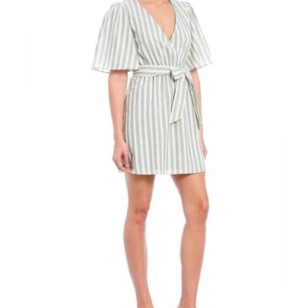 Gianni Bini Striped Green and White Belted V-Neck‎ Mini Dress